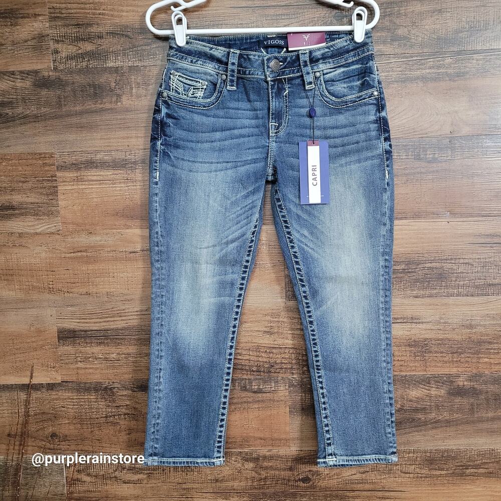 Vigoss Jeans 2 Heritage Fit Capri Mid Rise Thick Stitch Legacy Stretch Denim - Picture 1 of 13